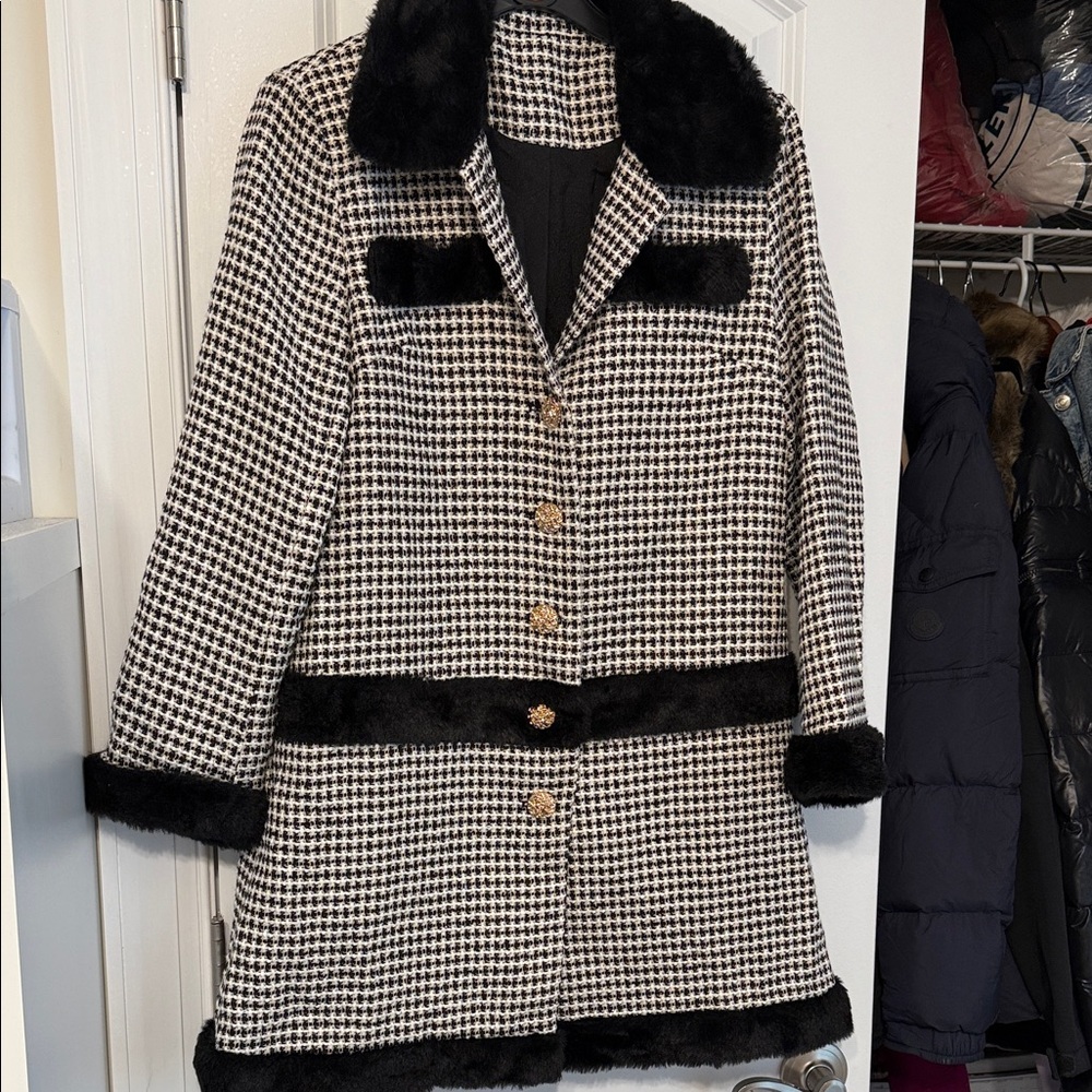 SHEIN Black and White Houndstooth Pea Coat